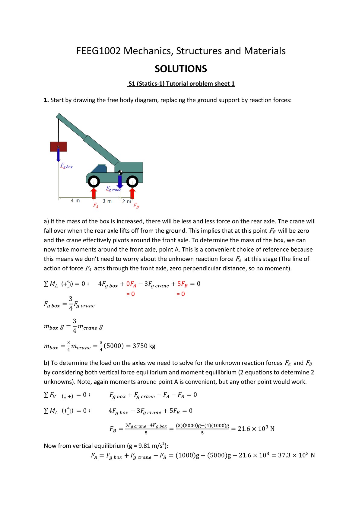 Free Body Diagram Engineering Mechanics Practice Questions Problems Sheets 1 3 with solutions Feeg1002 Of Free Body Diagram Engineering Mechanics