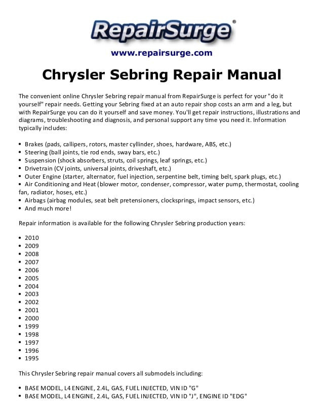 2003 Chrysler Sebering V6 Engine Schematic Chrysler Sebring Repair Manual 1995-2010 Of 2003 Chrysler Sebering V6 Engine Schematic
